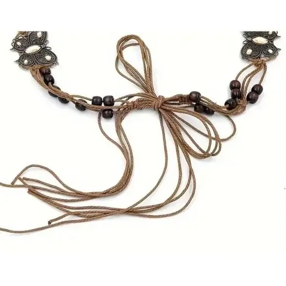 Boho Woven Adjustable Rope Belt With Yellow Butterfly Design - Picture 5 of 5